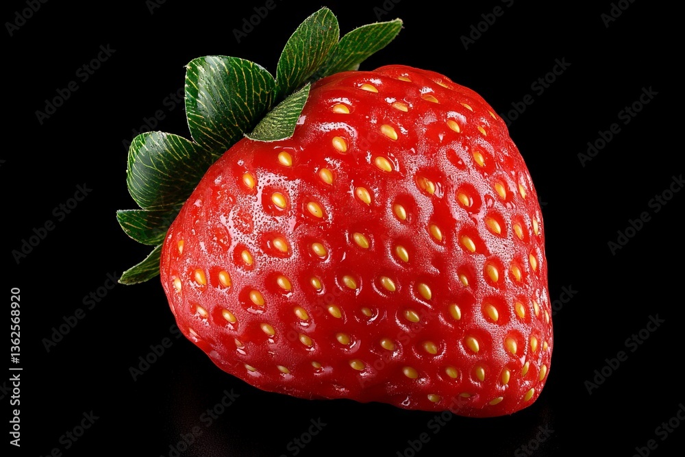 Poster close-up of a ripe strawberry showcasing its vibrant color and texture with green leaves on a dark b