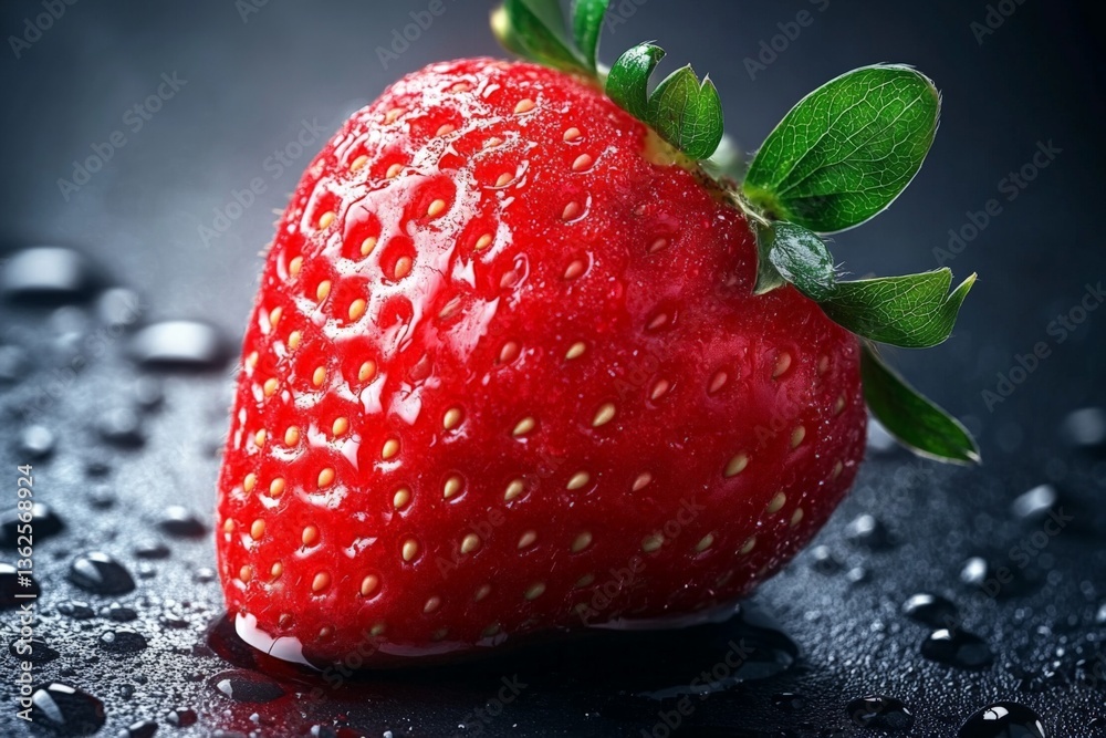 Poster fresh and vibrant strawberry resting on a dark surface with droplets of water glistening in the ligh