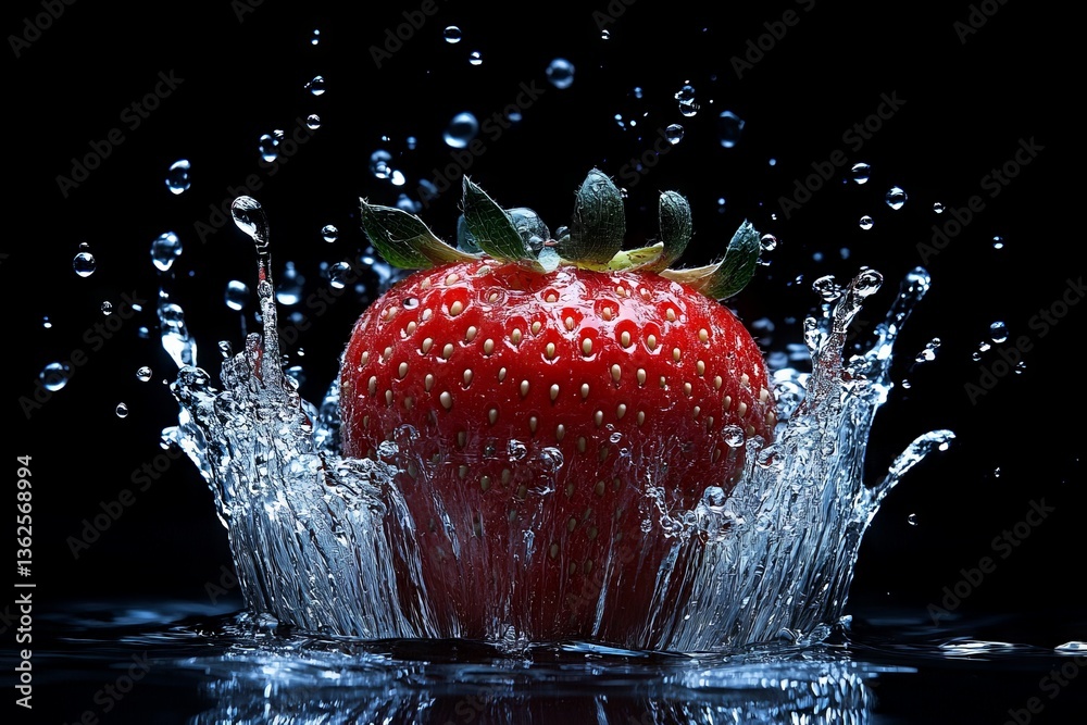 Poster Bright red strawberry splashes into water creating a beautiful, dynamic display of droplets