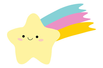 Cute cartoon character. Yellow star with  rainbow-shaped tail. Character is smiling, black eyes, pink cheeks. Environment. One icon isolated on white background. Flat design.