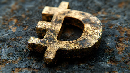 Golden symbol of currency lies weathered on a textured surface