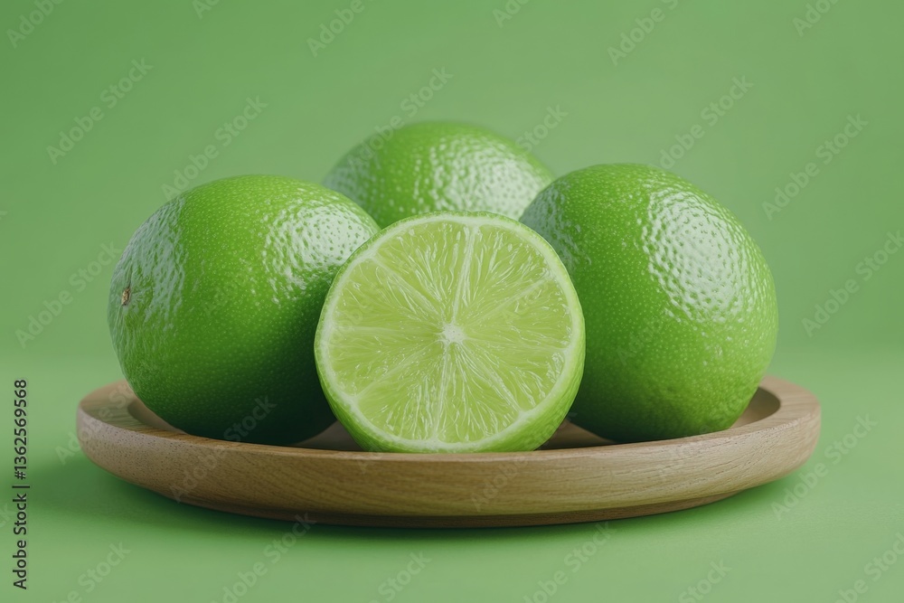 Poster fresh limes arranged on a wooden plate with a vibrant green background showcasing their bright color