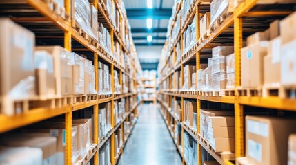 Warehouse Inventory: Rows of Organized Cardboard Boxes in a Modern Distribution Center
