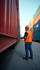 Foreman inspecting shipping containers in terminal, unloading, secure