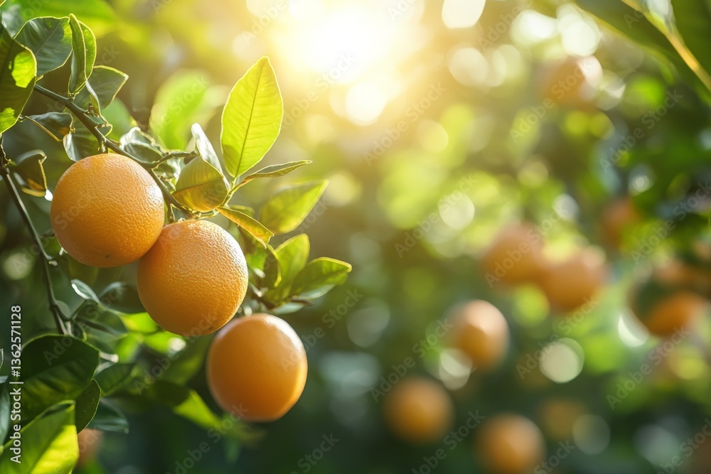 Aufkleber fresh oranges hang on trees in a vibrant orchard during the sunny morning light with a backdrop of b