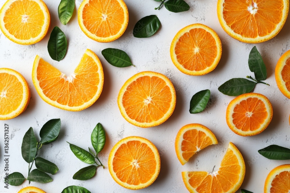 Poster Vibrant orange slices and green leaves arranged on a light surface create a fresh and inviting display in a kitchen setting