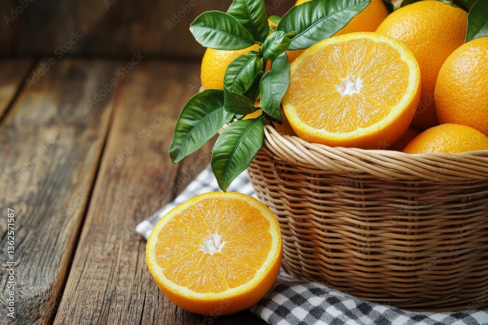 Aufkleber freshly cut oranges in a woven basket on a rustic wooden table with green leaves highlighting the vi