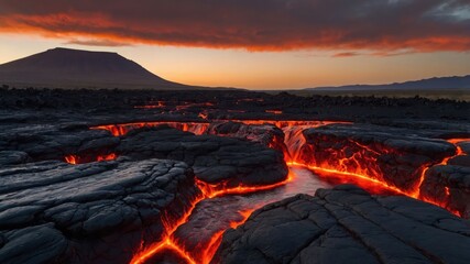 Fototapeta premium A dramatic volcanic landscape with flowing lava and a mountain backdrop at sunset.