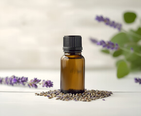 Glass bottle of Lavender essential oil with fresh lavender flowers and dried lavender seeds on white wooden rustic table, aromatherapy spa massage concept. Lavendula oleum