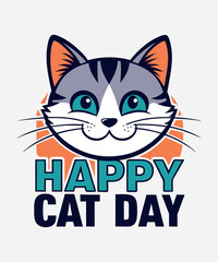 Obraz premium Happy Cat Day Cute Cartoon – Smiling Tabby Cat Illustration