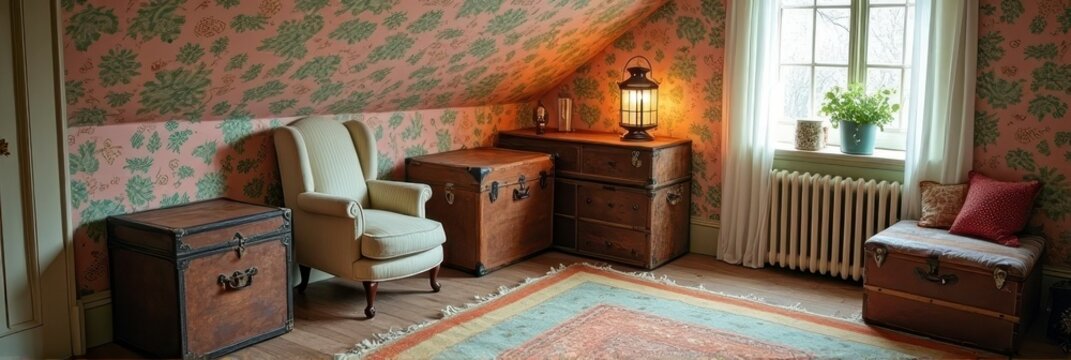 Cozy attic room with vintage trunks and floral wallpaper under sloped ceiling