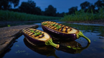 Fototapeta premium Grilled eggplants resting on stones by a reflective water surface at dusk.