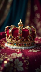 Fototapeta premium Ornate king's crown resting on a bed of sparkling crystals and shimmering fabrics, nobility, luxury