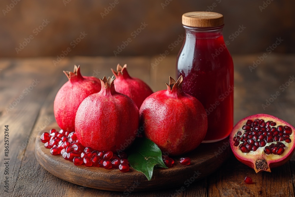 Poster fresh pomegranates and juice displayed on a wooden surface in a cozy kitchen setting