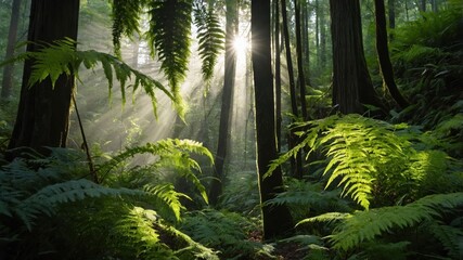 Fototapeta premium A serene forest scene with sunlight filtering through trees, illuminating ferns.