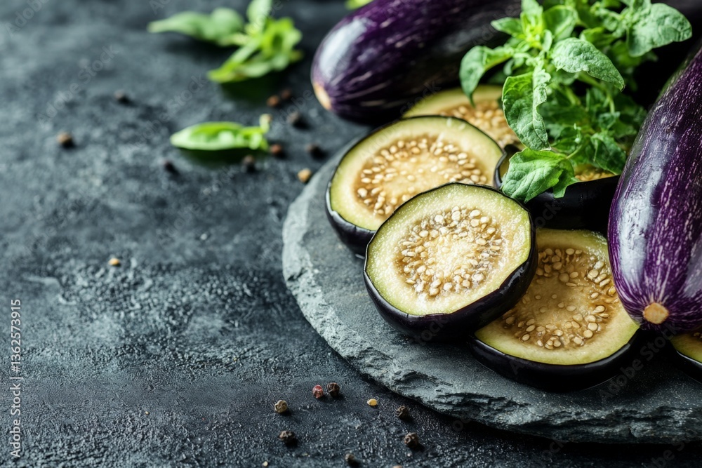 Poster freshly sliced eggplant garnished with herbs arranged on a dark stone surface in a culinary setting