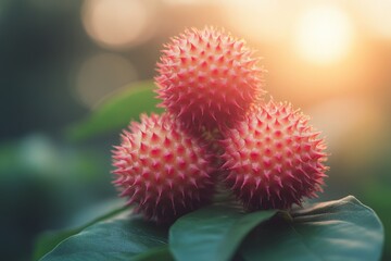 Vibrant red spiky fruits growing on a green shrub during sunset in a tropical garden setting