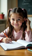 Schoolgirl studying at desk with homework and folder , homework, books