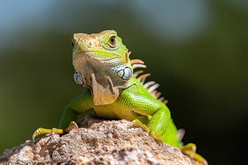 A captivating angle of a bright green iguana resting on a rocky surface, revealing its vivid features and beautiful textures that embody the fascinating world of reptiles and their habitats.