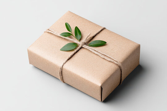 Eco-friendly craft paper gift box with green leaf and twine decor
