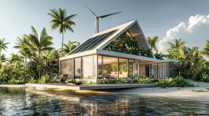 Fototapeta premium A futuristic eco-house with wind turbines and solar panels, perfectly integrated into a lush, untouched environment.