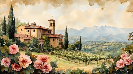 Vintage-style hand-drawn Tuscany vineyard wedding invitation with romantic floral accents watercolor elegance illustration