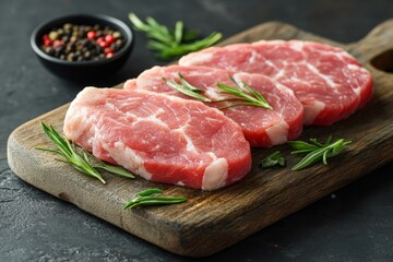 Fototapeta premium Fresh pork chops with herbs on a wooden cutting board ready for cooking in a modern kitchen setting