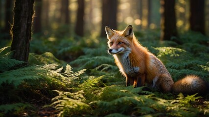 A fox sitting among ferns in a sunlit forest, showcasing natural beauty and wildlife.