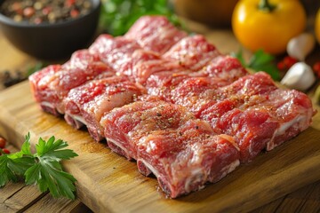 Juicy pork ribs seasoned and ready for grilling in a cozy kitchen setting