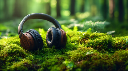 Headphones rest on moss in green forest; nature background