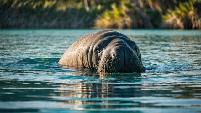 A manatee swims gracefully in clear water, showcasing its gentle nature.