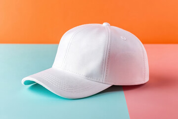White baseball cap on colorful two-tone background