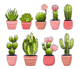 Big set of elements with hand drawn colored cactus in cute pot and succulents. collection Vector icons cactus Sketch style isolated objects.