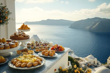 Plentiful Buffet Assorted Pastries, Fruit, Sweets Displayed on Terrace Overlooking Ocean