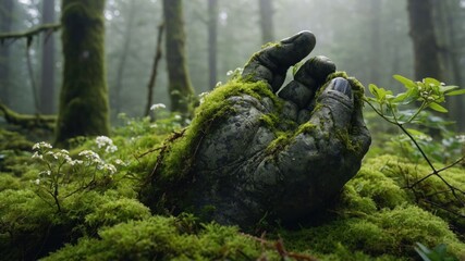 A moss-covered hand emerges from the forest floor, blending nature and fantasy.