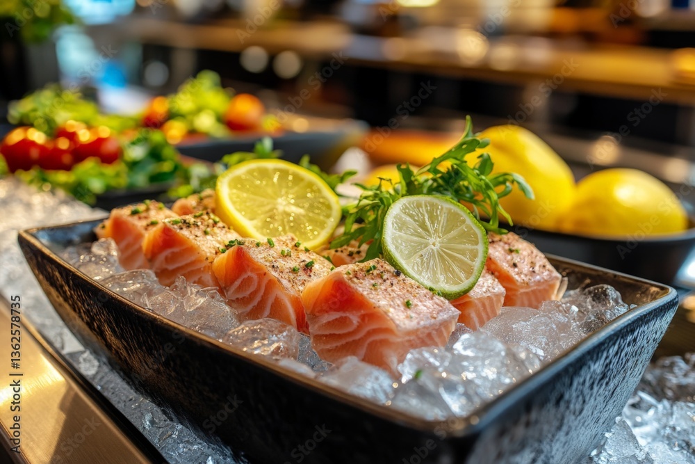 Aufkleber fresh salmon fillets on ice with lemon slices and vibrant vegetables in a modern kitchen setting