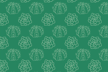 Poster Seamless cute vector echeveria Ornament endless pattern. hand drawn cactus and succulents outline on green background.