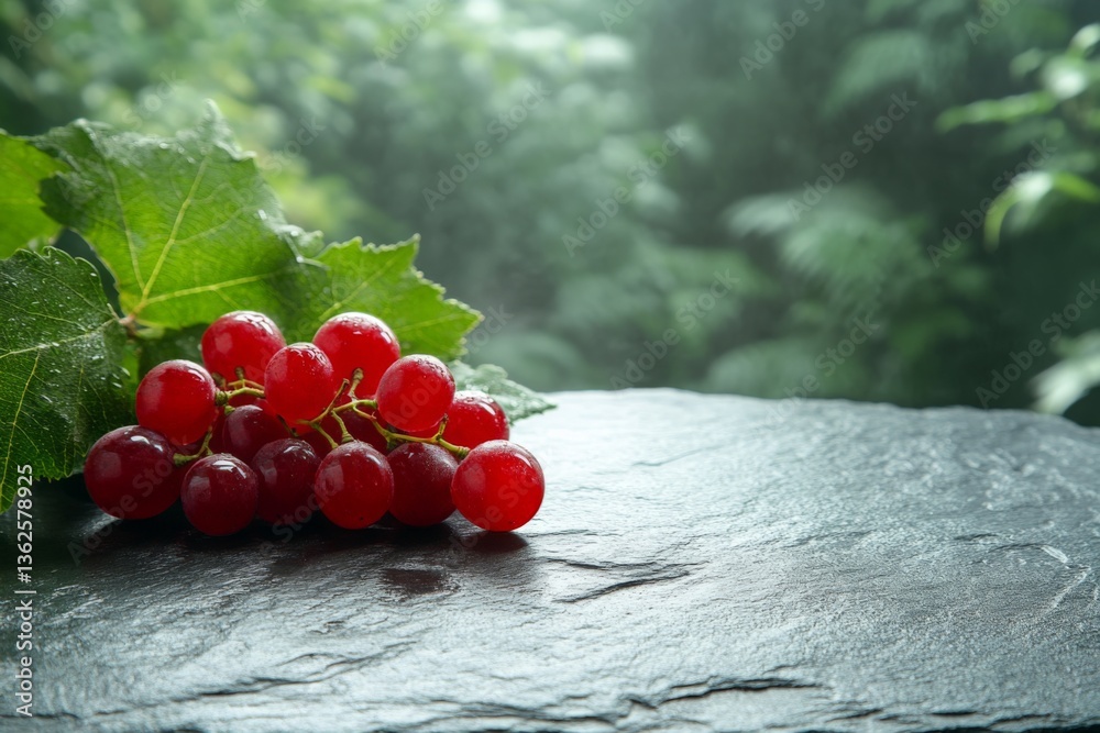 Poster fresh red grapes resting on a stone surface surrounded by lush greenery