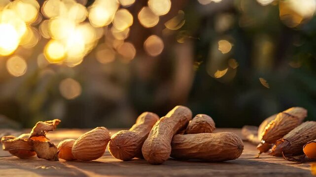 A close-up of raw peanuts in their shells and cracked open on a wooden surface, illuminated by golden sunlight. The warm, bokeh-lit background enhances the organic and rustic feel