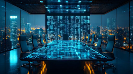 High-tech conference room at night with city view, digital interface