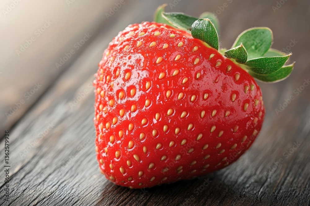 Aufkleber fresh and ripe strawberry resting on rustic wooden surface in warm lighting