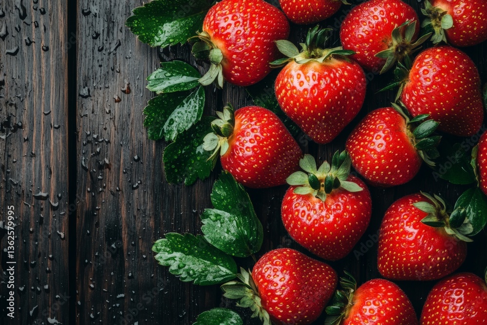 Poster fresh strawberries arranged on a rustic wooden surface with water droplets enhancing their vibrant r