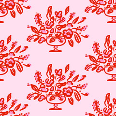 Vector floral seamless pattern. Whimsical red elegant flowers in a pot in hand drawn style on pink background. Garden decor. Retro vibe. Cottage core. Design for fabric, wallpaper, wrapping paper