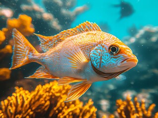 Obraz premium Vibrant golden snapper swimming gracefully in tropical coral reef ecosystem
