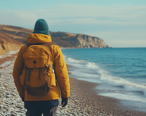 Hiker on beach, seen from behind
