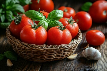 Freshly picked tomatoes and basil placed in a woven basket on a rustic wooden table with garlic nearby