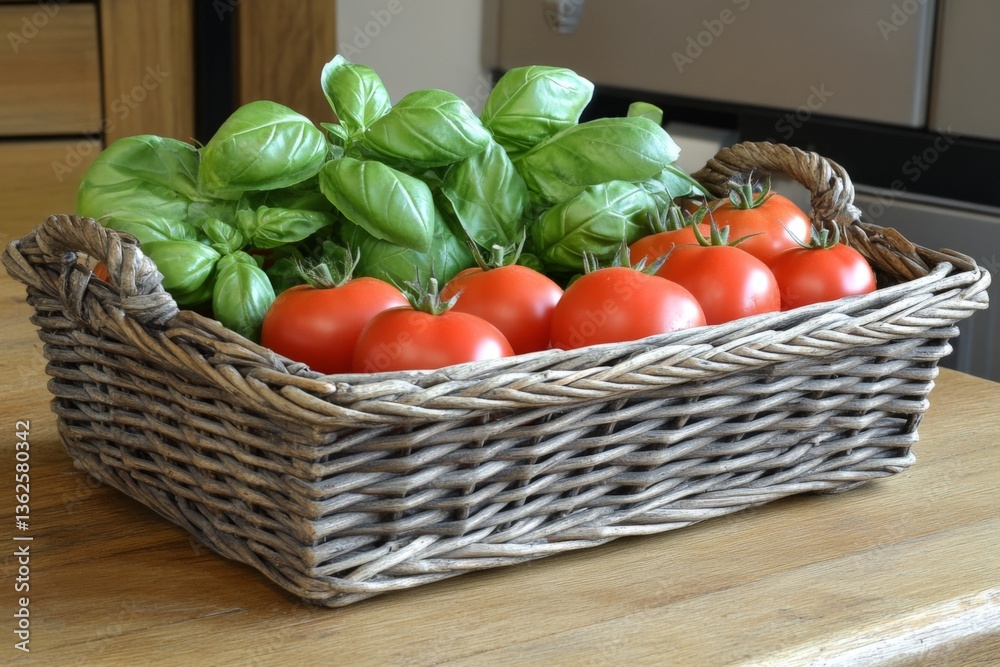 Poster fresh basil and vibrant tomatoes arranged in a woven basket on a kitchen countertop in a cozy settin