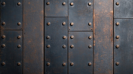 Fototapeta premium textured close up of weathered metal surface featuring dark panels and prominent rivets, evoking sense of industrial strength and rustic charm