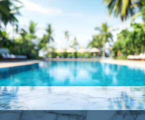 Fototapeta premium Empty white marble stone table top and blurred swimming pool in tropical resort in summer banner background - can used for display or montage your products.