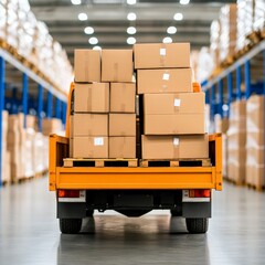 Industrial warehouse with high ceiling blue racks and symmetrical layout showing cardboard boxes logistics system and efficient transportation supply chain in modern infrastructure environment